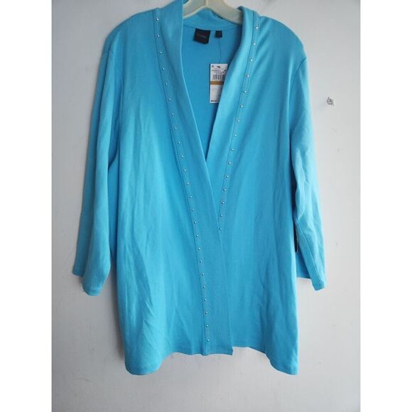 NWT Rafaella Women Aqua Blue w/Silver Studs 100% Cotton Open Cardigan size 3X - Picture 1 of 9